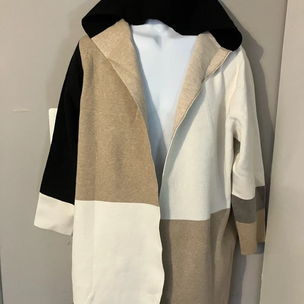 Color Block Black Tan Cream Hooded Coat 1X - Picture 1 of 4
